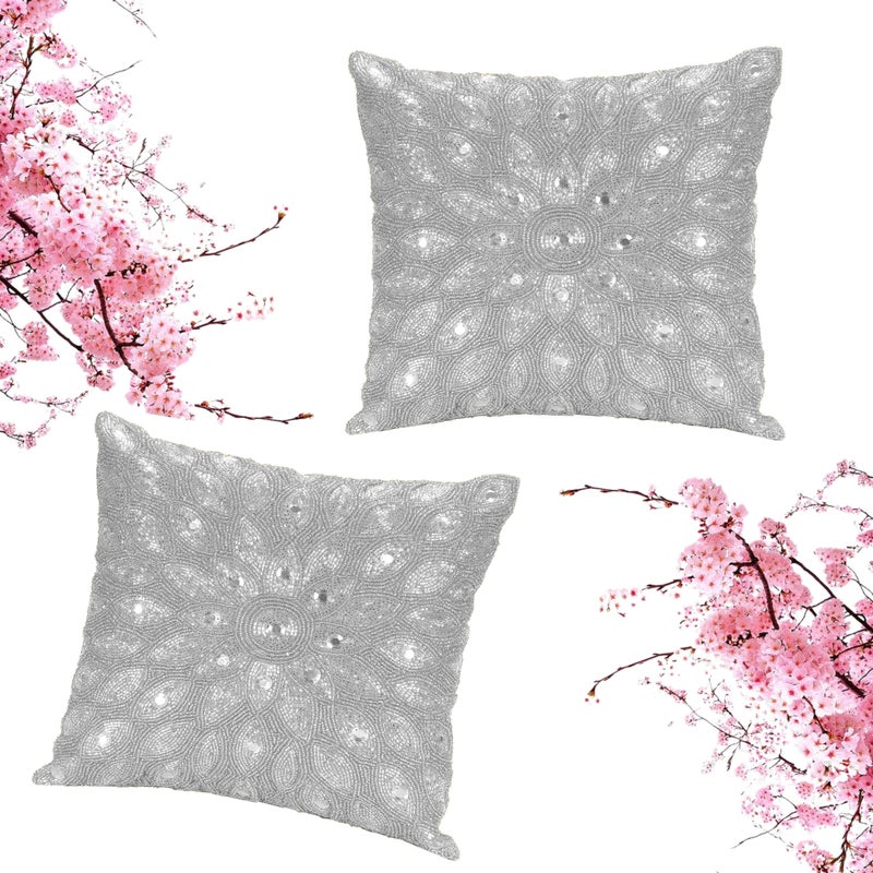 Light & Pro Lightnpro Luxury Silver Hand-Beaded Pillow Cover - 12x12 Inch, Exquisite Handmade Cushion for Sofa, Couch, and Bed - Elegant Home & Living Room DÃ©cor Accent - Cover Only (2 Pack) - Image 1